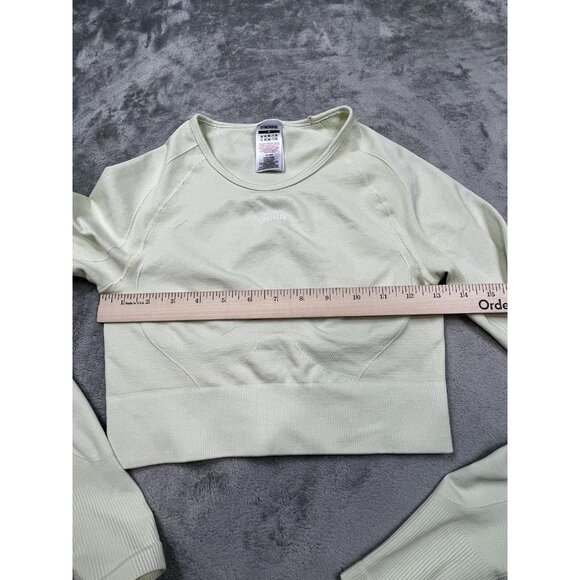 Gymshark Crop Top Women Medium Yellow Seamless Long Sleeve Thumb Holes Workout - Picture 4 of 9